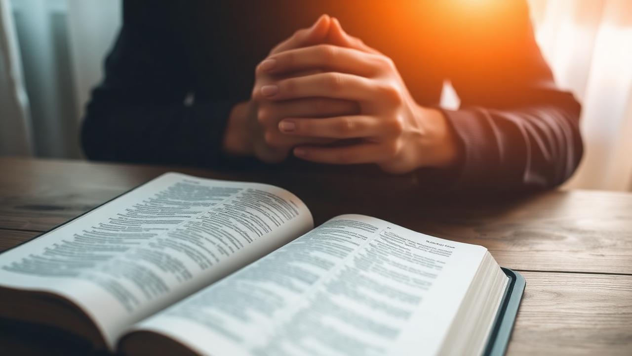 Hands in prayer over an open Bible